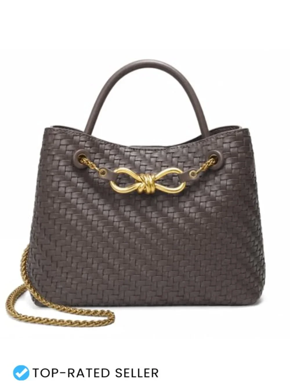 Small Woven Faux Leather Top Handle Purse with Adjustable Chain Strap, 2
